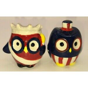 Patriotic Owl Salt & Pepper Shakers Ceramic Uncle Sam Stars Stripes 4th of July